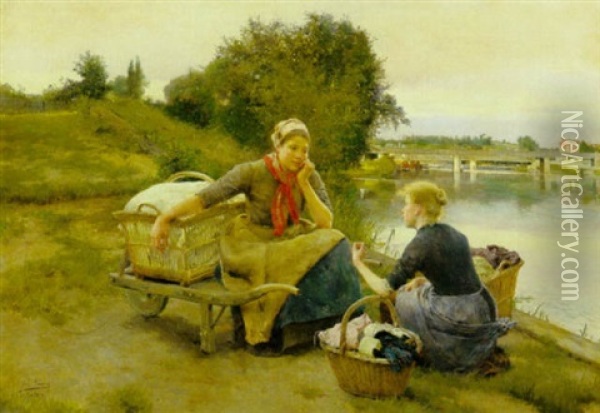 Washerwomen On A Riverbank Oil Painting - Luis Jimenez Y Aranda
