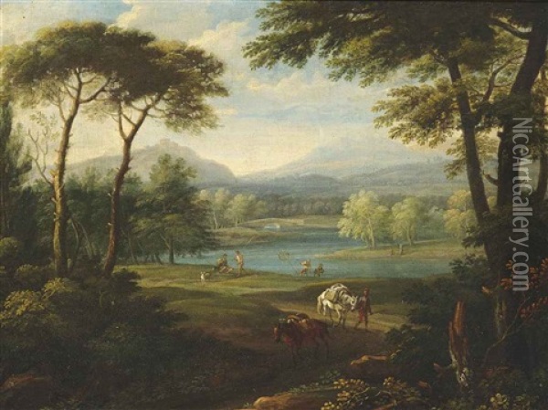 A Wooded River Landscape With Travellers On A Path And Fishermen On A Shore, Mountains Beyond Oil Painting - Francesco Ignazio Borgognone