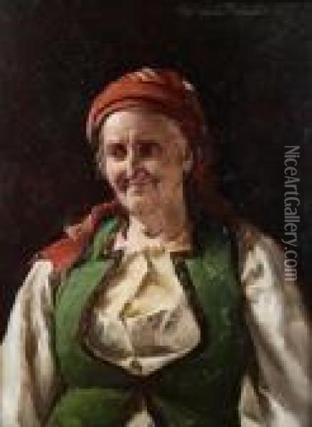 Portrait Of An Old Woman With Red Headscarf Oil Painting - Gerard Portielje
