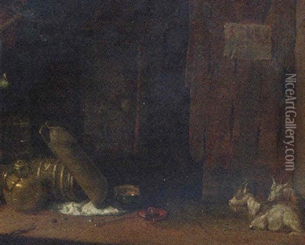 Goats In A Barn Interior Oil Painting - Cornelis Saftleven