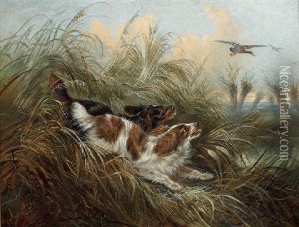Two Spaniels Chasing A Mallard Oil Painting - George Armfield