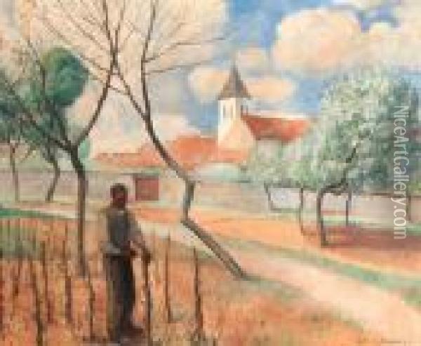 A Farmer In A Field, A Church Beyond Oil Painting - Gerrit Willem Van Blaaderen