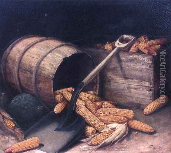 Barrel and Box of Corn with Scoup Oil Painting - Alfred Montgomery