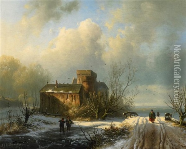 Winterliche Landschaft Mit Figurenstaffage Oil Painting - Alexander Joseph Daiwaille