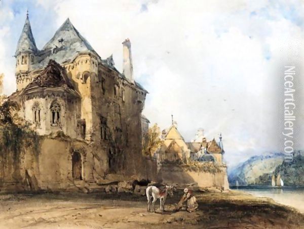 A Figure And Horse On The Banks Of The Rhine At Boppart Oil Painting - William Callow