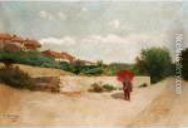 Landscape With A Figure Holding A Red Umbrella Oil Painting - Francisco Masriera y Manovens