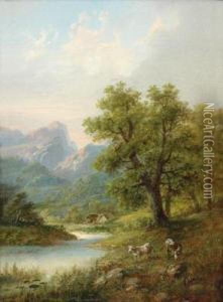 Alpine Landscape With Grazing Cattle Oil Painting - Eduard Boehm