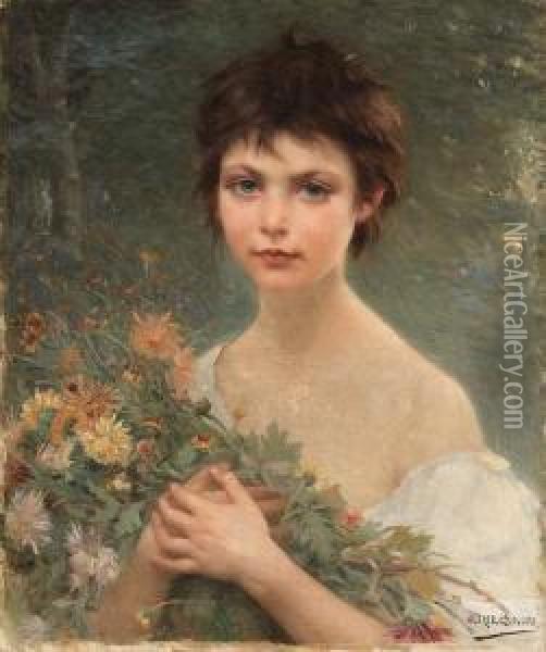 A Young Girl With Wild Flowers Oil Painting - Alfred Guillou