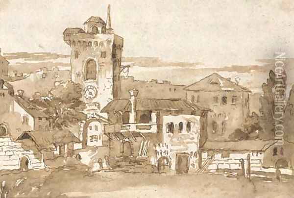 View of a village with a tower, after Marco Ricci Oil Painting - Giovanni Domenico Tiepolo