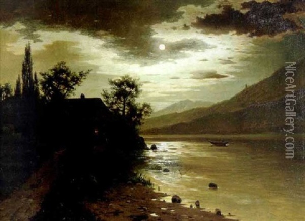 Moonlit Lake And Cottage Oil Painting - Fritz Chwala