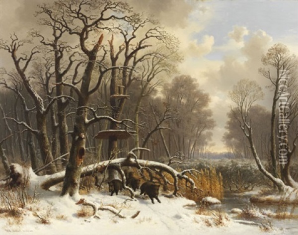 Wildschweinrotte Im Verschneiten Winterwald Oil Painting - Wilhelm Reinhardt