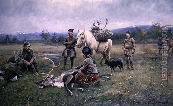 Lapps Collecting Shot Reindeer, 1892 Oil Painting - Johan Tiren