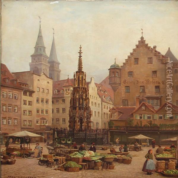 Schoner Brunnen On The Market Square In Nuremberg Oil Painting - Axel Johansen