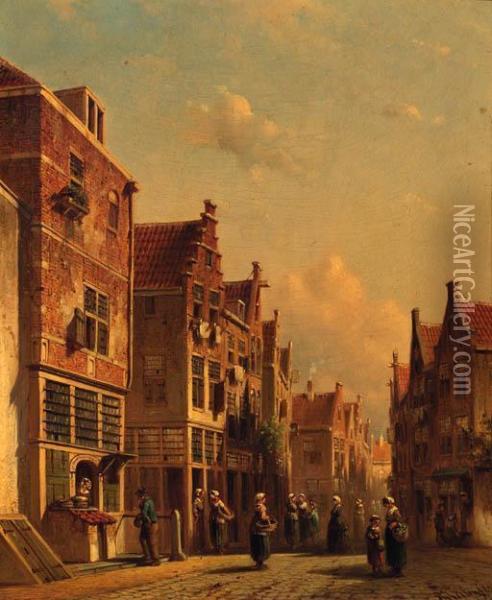 A Townview In Summer With Figures Conversing Oil Painting - Pieter Gerard Vertin