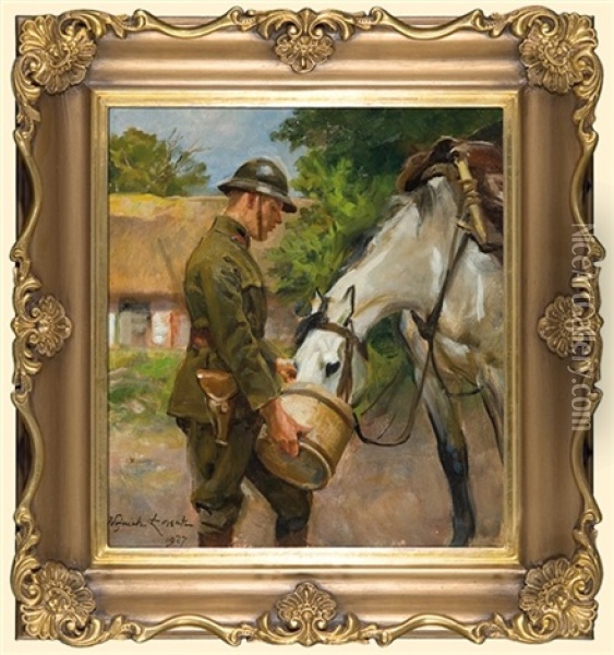 Soldier Watering The Horse Oil Painting - Woiciech (Aldabert) Ritter von Kossak