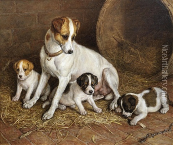 Terrier Bitch And Puppies Oil Painting - Frank Paton
