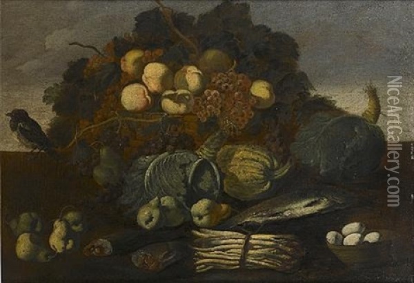 A Basket Of Peaches And Grapes With Cabbages, Pears, A Bunch Of Asparagus, Fish And A Dish Of Eggs Oil Painting - Giuseppe Ruoppolo