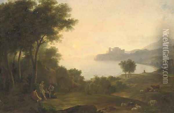 A Mediterranean coastal inlet with classical figures playing music, a fortress in the distance Oil Painting - Claude Lorrain (Gellee)