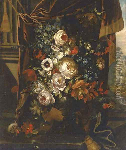 Roses, convulvulae, poppies and other summer flowers in an urn by a draped pillar Oil Painting - Jean-Baptiste Monnoyer