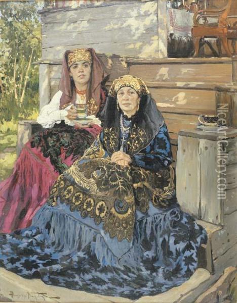 The Tea Drinkers Oil Painting - Aleksander Vladimirovich Makovskii