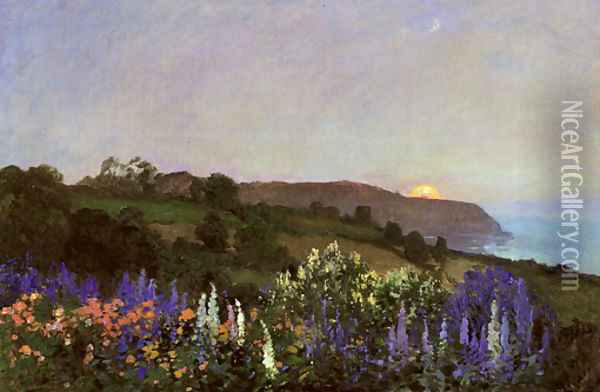 Delphiniums on a hillside at sunset Oil Painting - Thomas E. Mostyn