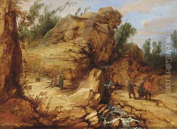 A rocky river landscape with travellers in the foreground Oil Painting - Lucas Achtschellinck