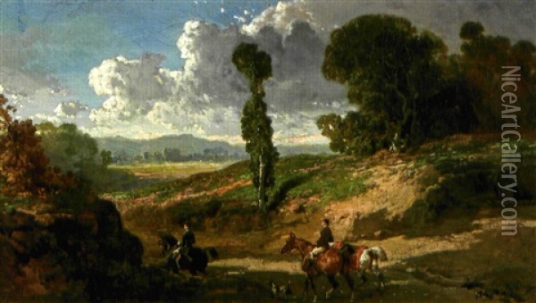 Deux Cavaliers Dans Un Vallon Oil Painting - Alfred De Dreux