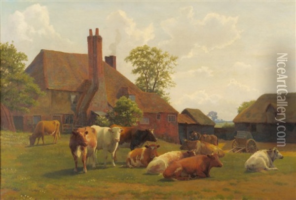 Cattle In A Farmyard Oil Painting - William Sidney Cooper