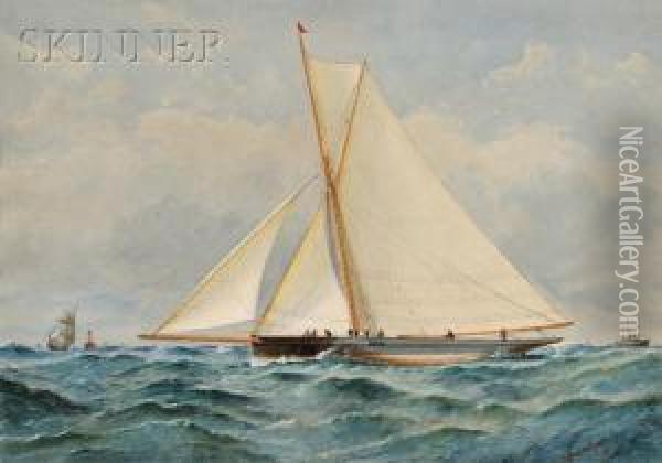 View Of A Racing Yacht Oil Painting - Barlow Moore
