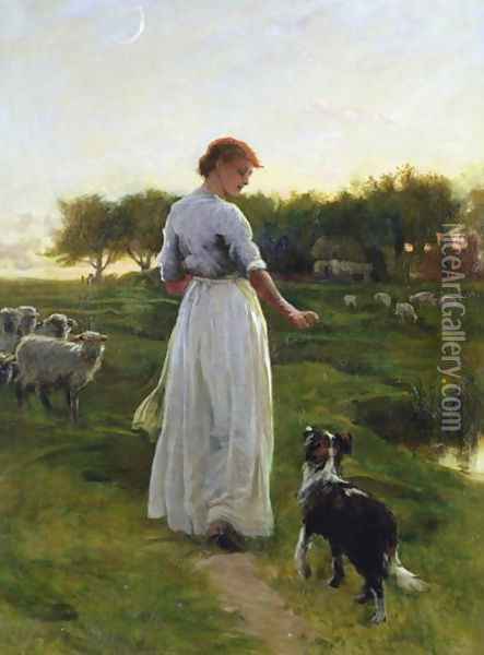 A Shepherdess with her Dog and Flock in a Moonlit Meadow Oil Painting - George Faulkner Wetherbee