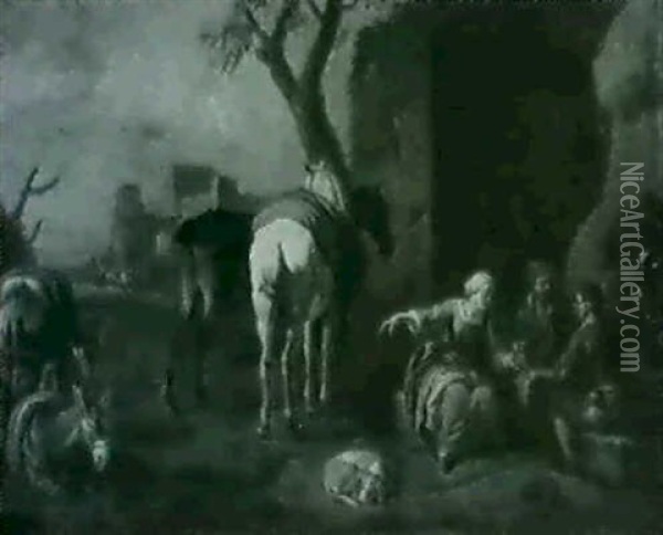 Peasants And Packhorses In A Southern Landscape Oil Painting - Pieter van Bloemen