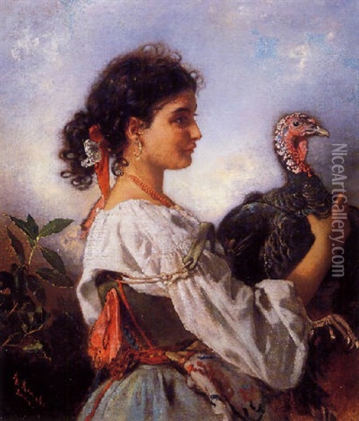 Peasant Girl With Turkey Oil Painting - Anton Romako