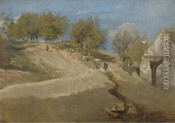 Am Brauberg Im Hopfgarten: Figures With Geese On A Sunlithill Oil Painting - Paul Wilhelm Tubbecke