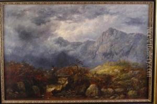 Mountainous Landscape With A Figure Crossing A Bridge In A Storm Oil Painting - John Joseph Hughes