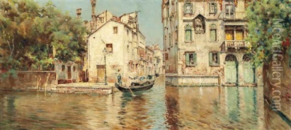 A Gondolier On A Venetian Backwater Oil Painting - Antonio Maria de Reyna Manescau