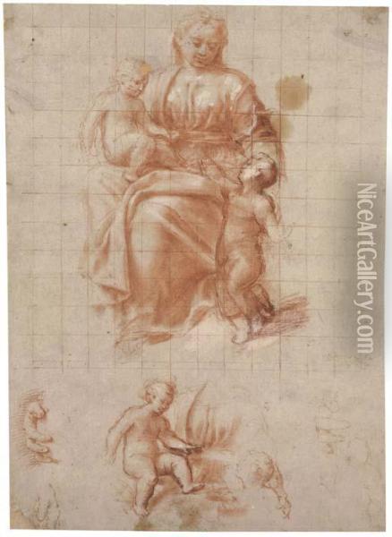 The Madonna And Child With The Infant Baptist, With Subsidiarystudies Of The Infants And Of The Madonna's Hands Oil Painting - Bernardino Gatti, Il Sojaro