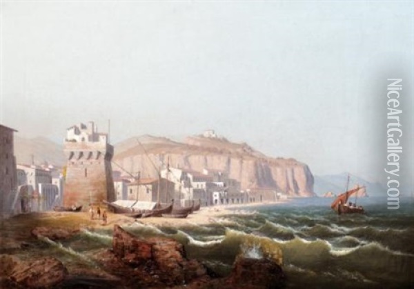 View Of An Italian Fortress, (in Salerno?) Oil Painting - August Friedrich Wilhelm Nothnagel