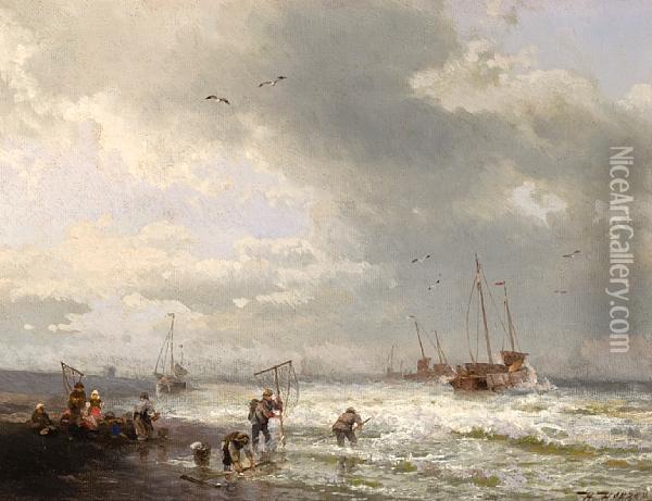 Fisherfolk On The Beach Oil Painting - Herman Herzog