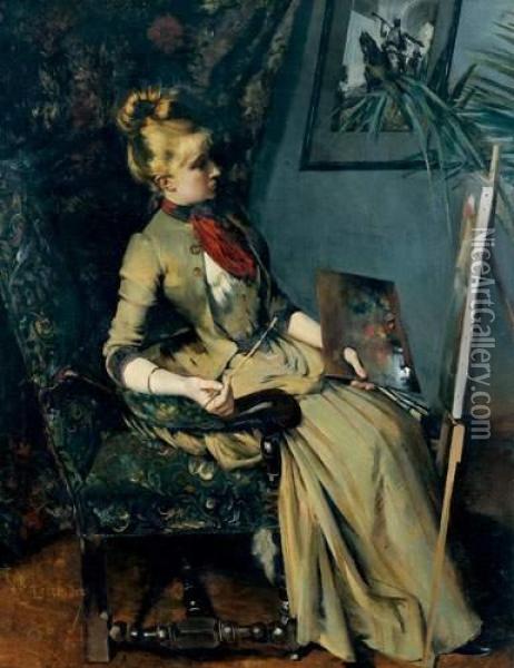 Jeune Femme A Sa Peinture Oil Painting - Eugene Lecoindre