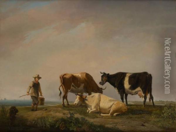 Le Vacher Et Son Troupeau Oil Painting - Louis Marie Dominique Romain Robbe