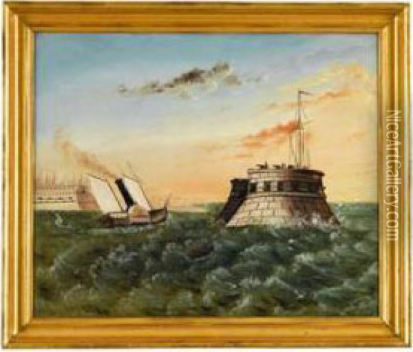 Harbor, Fortress, And Steamboat With Side-wheels Oil Painting - Thomas Chambers