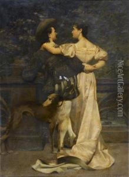 Couple Sur La Terrasse Avec Un Levrier Oil Painting - Paul Alphonse Viry