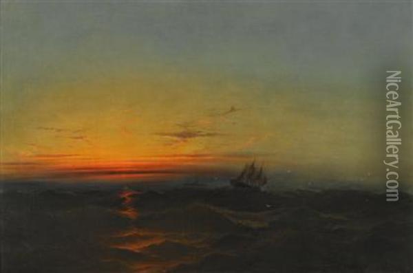 Ships Passing At Sunset Oil Painting - James Hamilton