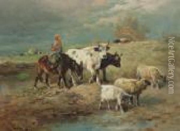 Boerin Op Ezel Met Koeien Enschapen Oil Painting - Henry Schouten