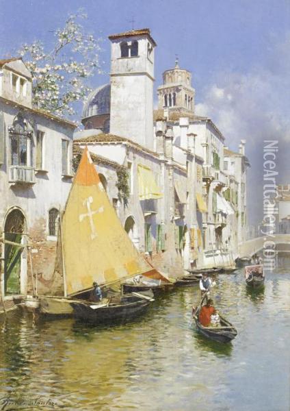 Gondolas On A Venetian Canal Oil Painting - Rubens Santoro