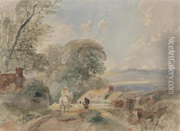 A Traveller On Horseback In An Extensive Landscape Oil Painting - Peter de Wint