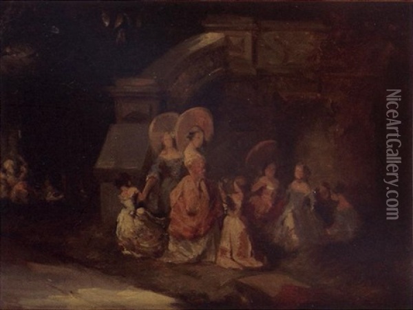 Jeune Femme En Bas De L'escalier D'honneur Oil Painting - Louis-Gabriel-Eugene Isabey