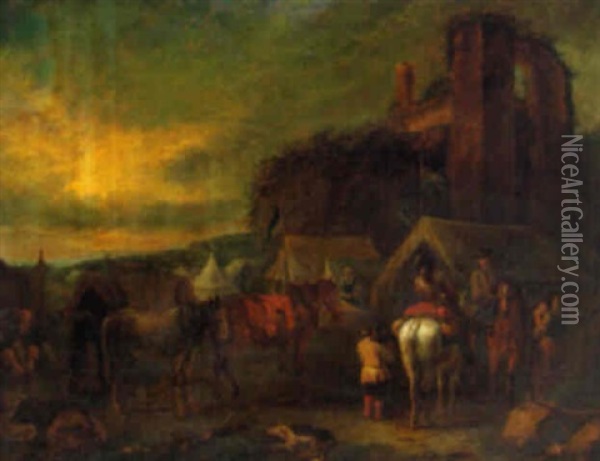 A Calvary Encampment By A Ruin Oil Painting - Pieter van Bloemen