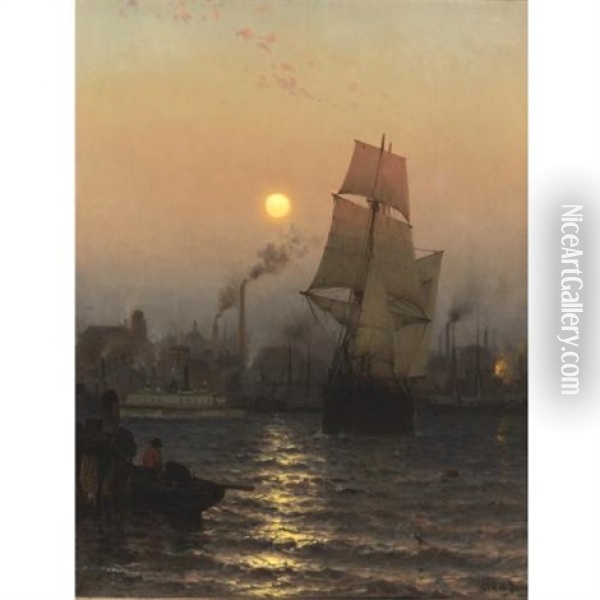 Shipping In Harbor By Moonlight Oil Painting - Mauritz Frederick Hendrick de Haas