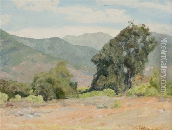 Far Afield, Eucalyptus In A Rolling Hill Landscape Oil Painting - Charles Francis Browne
